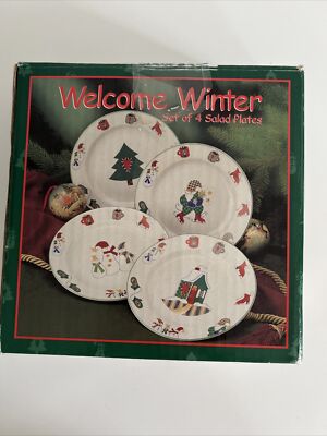 Winter Welcome Set Of Christmas Salad Plates Kmart NOS Country Kitchen 
