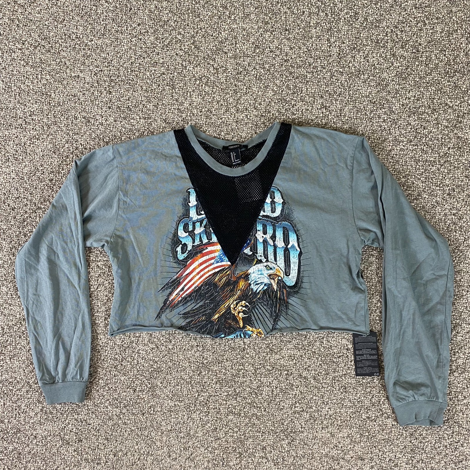 FOREVER NEW NWT Forever 21 Shirt Womens Small Gray Cropped Black Mesh V Long Sleeve Pullover