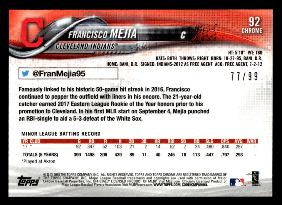 Francisco Mejia 2018 Topps Fire Purple 77/99 #166 - Image 2 of 2