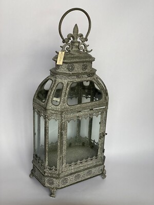 Vintage Lantern Opening Metal Grey Glass Candle Holder EDG Enzo De Gasperi