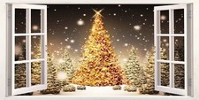 Christmas Star Trees Snow Winter 3D Effect Window Canvas Picture Wall Art Prints