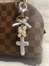 Rhinestone Silver Cross Bag Charm Keychain Key Ring Fob Faux Pearl New Gift