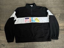 FILA Womens Large Black Logo Spell Out Polyester Fleece 1/3 Zip Retro Jacket XL