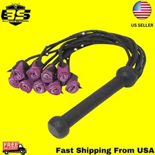 Real Genuine Cow Hide Leather Flogger 9 Braided Falls Heavy Purple Roses & Studs