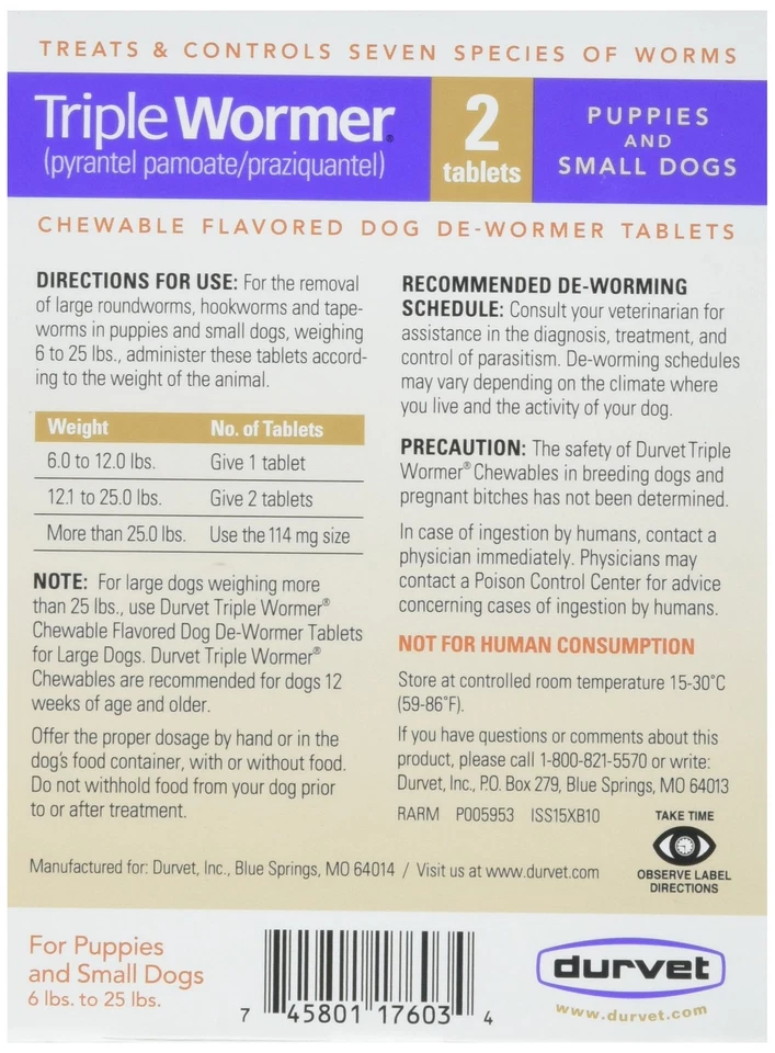 Desparasitador Durvet Triple Wormer de amplio espectro para perros y cachorros Foto 2 de 3