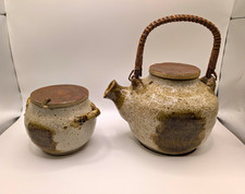Handmade Unique Japanese Ceramic Teapot Jar Set with Woven Handle and Lids