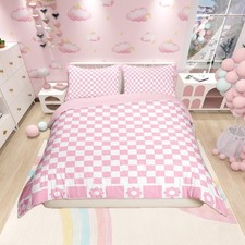 Pink White Grid Duvet Cover Set Toddler Size, Geometric Lattice Checkerd Bedding