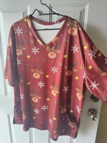 2-5X Ladies Christmas Theme Scrub Shirts Nurse Uniform - Image 2 of 2