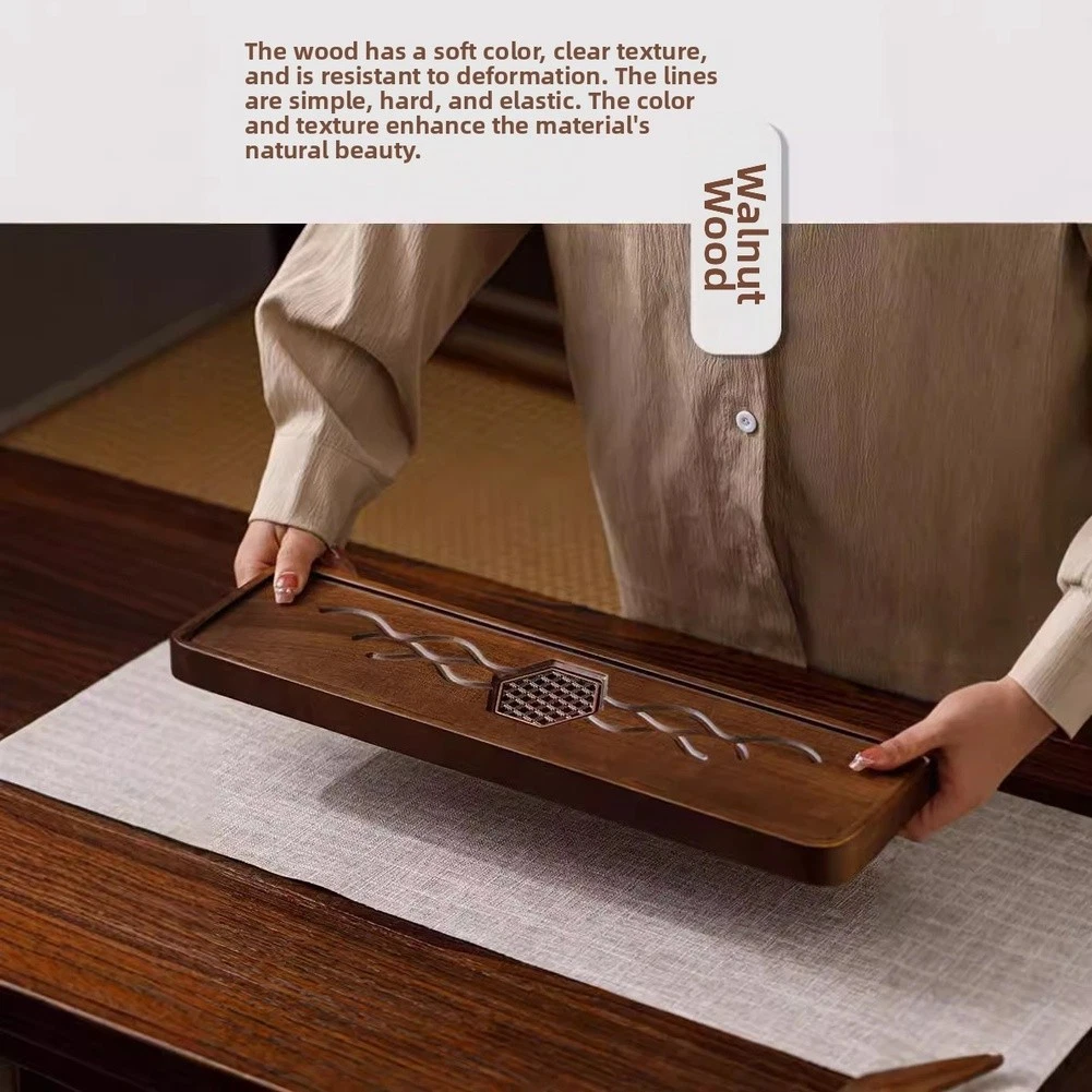 Chinese Style Walnut Tea Tray with Drain and Hose Compatibility fo
