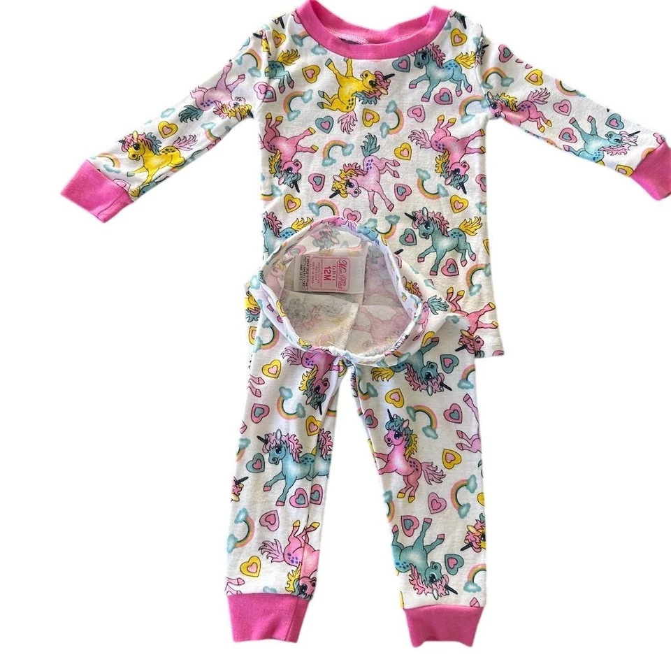 Vtg Y2K Mon Petit Girls Unicorn Print Pajama Set 12 Months Multicolor - Image 2 of 4