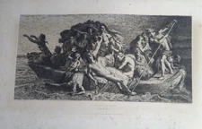 FEYEN-PERRIN (1826-1888) LARGE EAU FORTE BOAT CARON MACABRE DEAD MARINE 1857