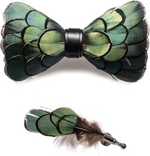 RBOCOTT Handmade Feather Pre-tied Bow tie and Brooch Sets for Men