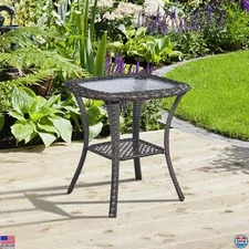 Dark Brown Wicker Side Table - Outdoor PE Rattan End Table with Glass Top &