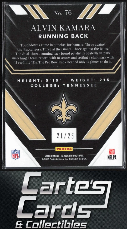 Alvin Kamara 2019 Panini Majestic #76 Holo Silver New Orleans Saints 21/25 - Image 2 of 2