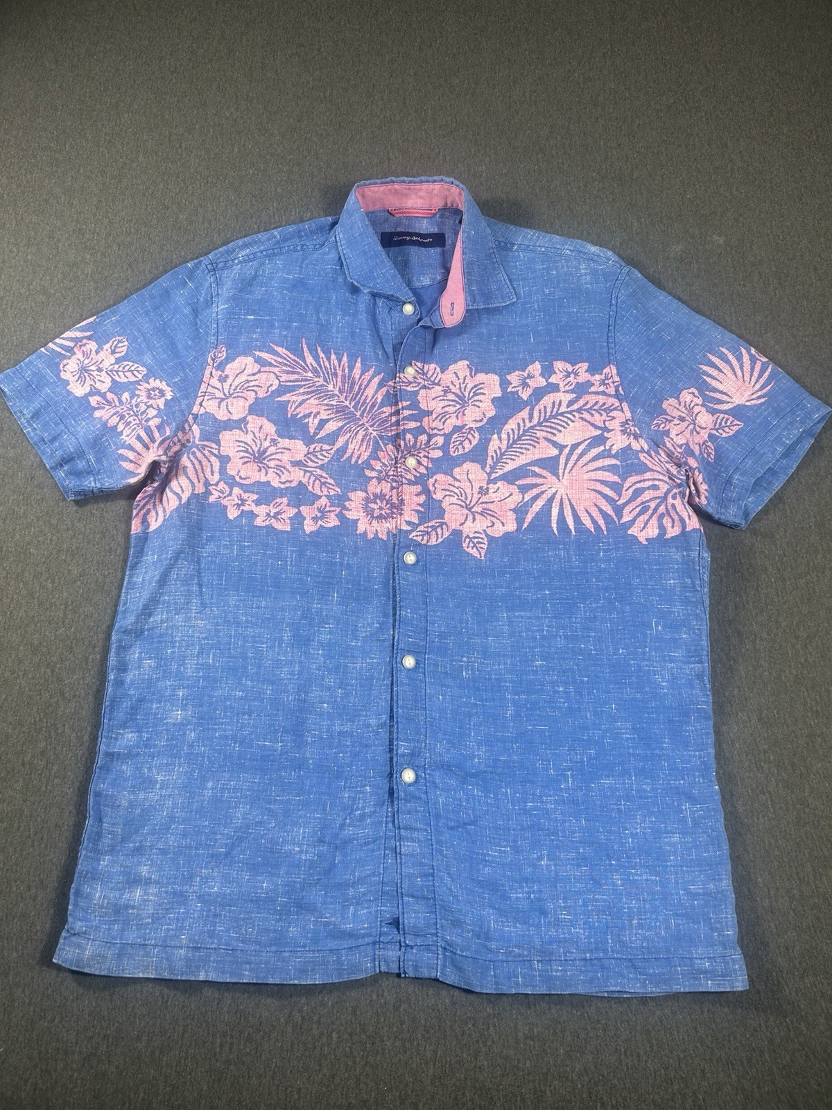Tommy Bahama Across the Frond 100% Linen Short Sleeve Camp Shirt Blue/Pink Sz M