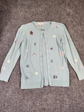 Loft Petites Womens Sage Button Front Cardigan Sweater Embroidered Flowers Sz MP