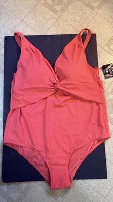 Avenue Swimsuit One Piece Plus 26W Coral Ruched Twist Front Tummy Control NWT