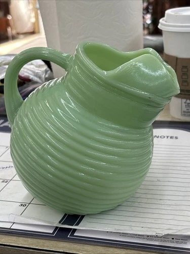 Jadeite Green Glass Ribbed Ball Pitcher Tilted Jug