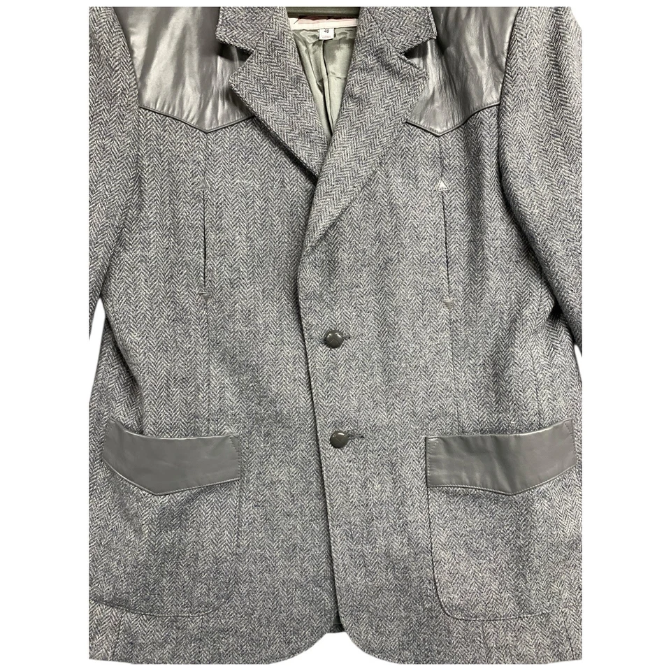 Винтажный "Diamond кожи" Blazer 48 длинный серый шерсти смесь кожи отделки пальто - Изображение 2 из 4