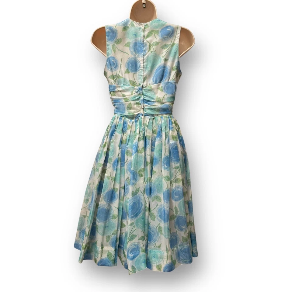 1950s Blue Rose Chiffon Party Tea Dress XS 24” Waist Full Skirt USA Floral VNTG - Image 4 of 4
