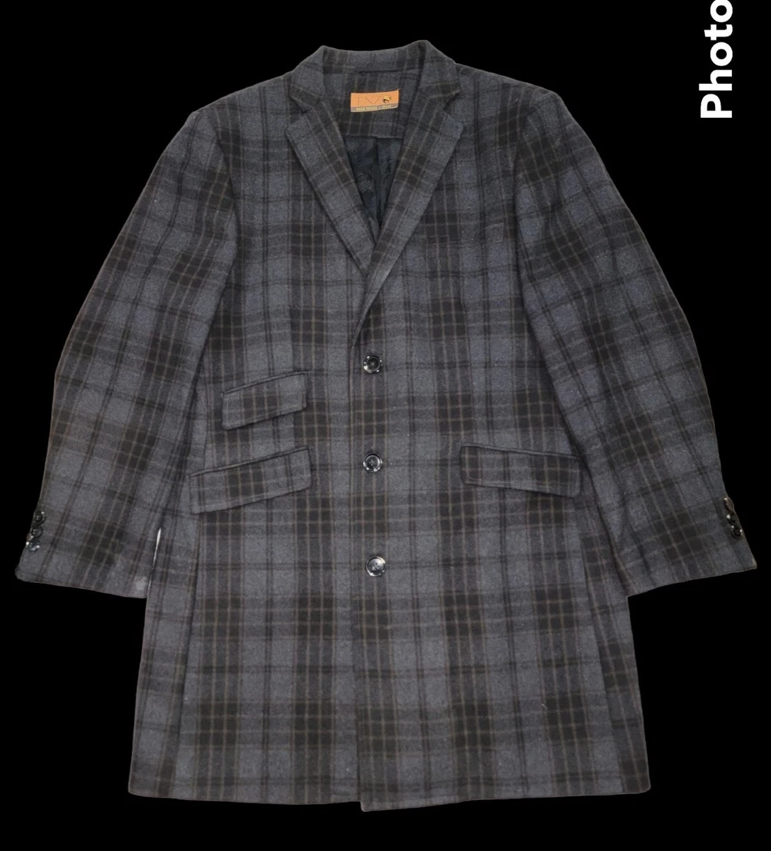 Enzo Tovare Italy Luxe Mens 46L Car Coat Pea Coat Wool Blend Plaid