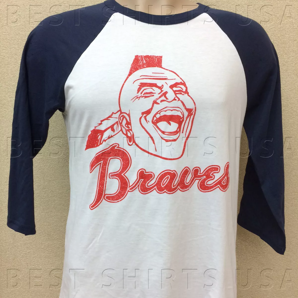 ATLANTA BRAVES DISTRESSED RETRO LOGO RAGLAN JERSEY TEE