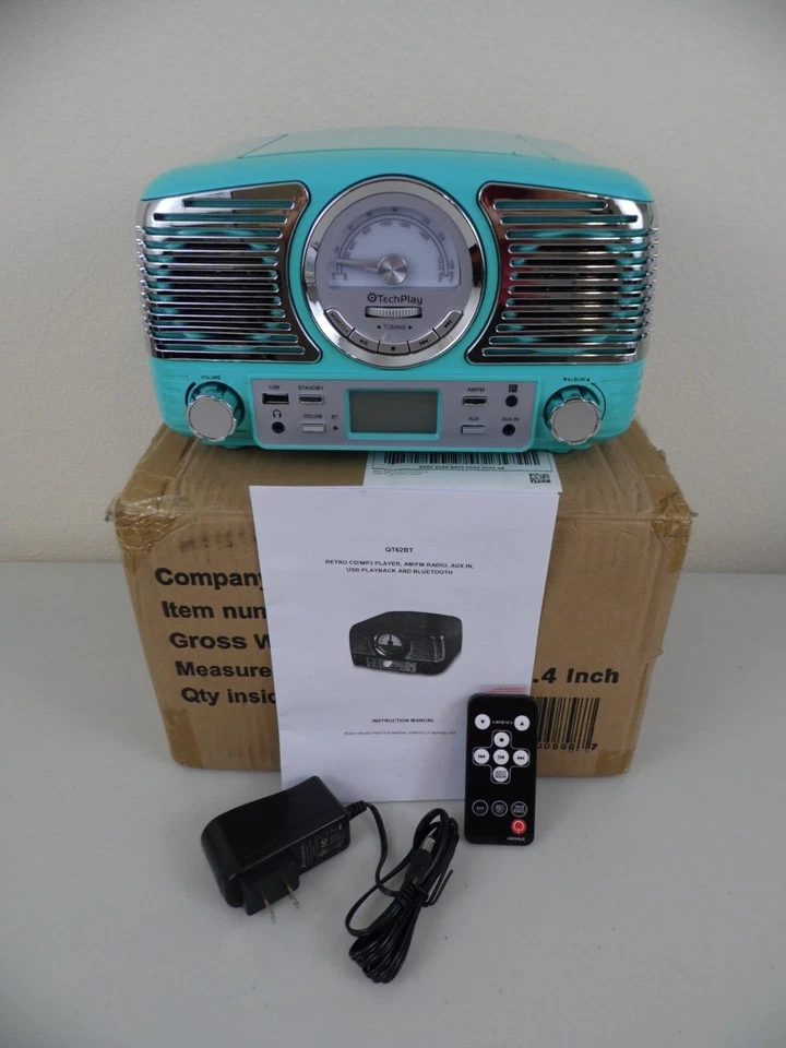 TechPlay QT62BT Bluetooth Tabletop Stereo CD AM FM Radio AUX Clock Turquoise NEW - Image 4 of 4