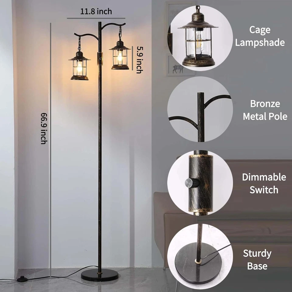 Lámpara de pie industrial, lámpara de pie regulable vintage, 2 linternas clásicas de pie Foto 3 de 4