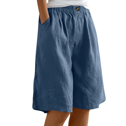 Womens Solid Color Pants Pocket Button Up Capris Loose Elastic Waist Shorts - Bild 21 von 63