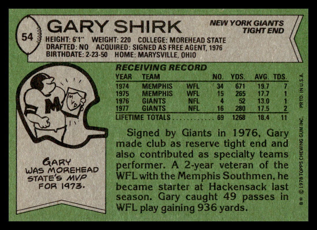 1978 Topps 54 Gary Shirk New York Giants eBay