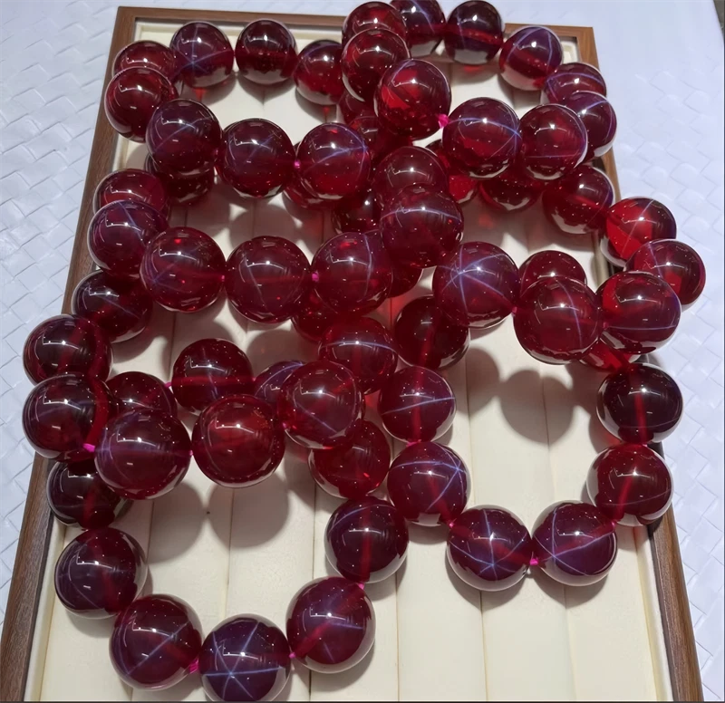 Pigeon Blood Red 6 Star Ruby Lab-Created Top Quality Round Beads Bracelet 1pcs - Image 2 of 4