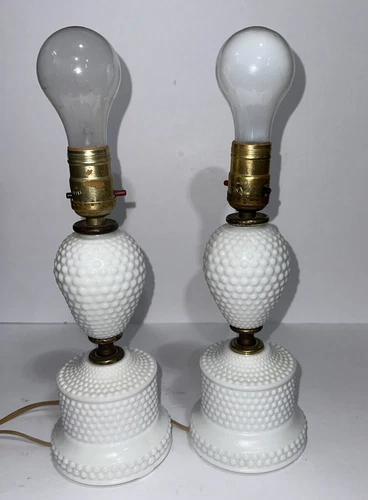 Vintage Set Milk Glass Hobnail Cottage  Boudoir Nightstand Lamps - 12” X 4.5”