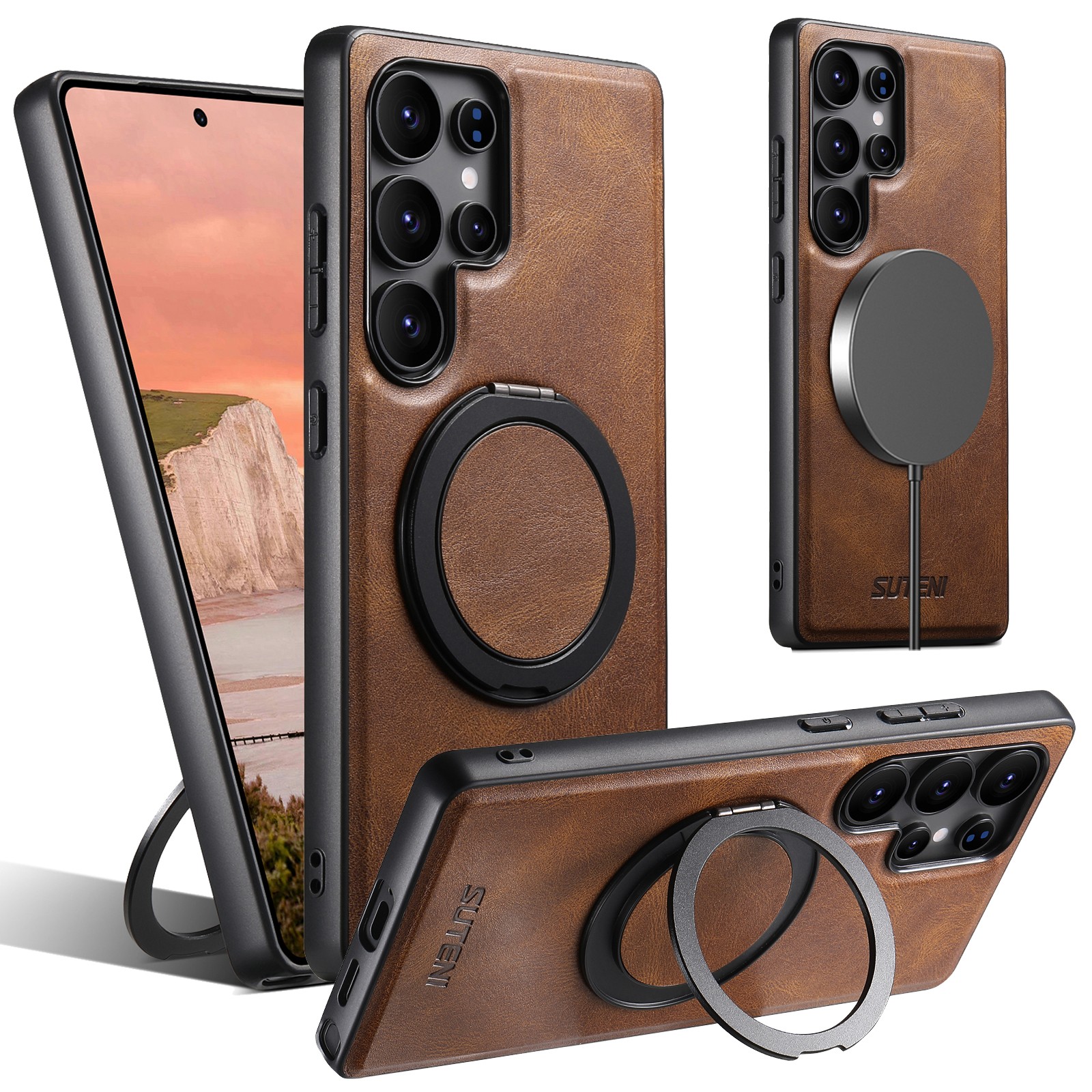 Mag Safe Ring Stand Leather Phone Case For Samsung Galaxy S25 Ultra|+ S24-S22 