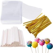 300 Pcs Cake Pop Supplies: Sticks, Bags, and Golden Ties Set