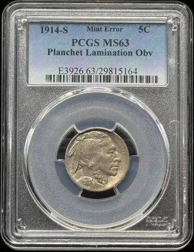 1914 S Nickel Indian Head or Buffalo PCGS MS-63 Planchet Lamination Mint Error