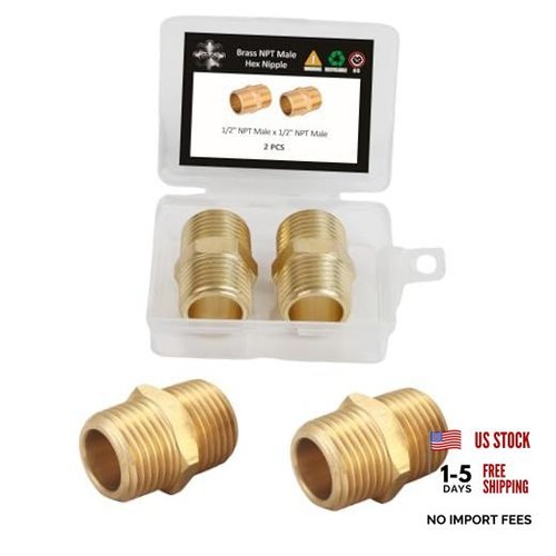 PCS Brass Pipe Fitting Hex Nipple, NPT 1/" Male 1/2" NPT Male x 1/2" NPT Male 2