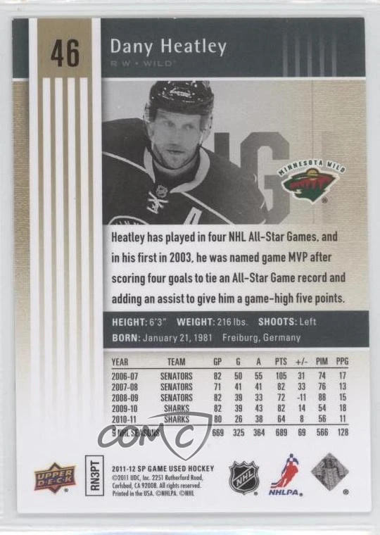 2011-12 SP Game Used Edition Gold /100 Dany Heatley #46 - Image 2 of 2