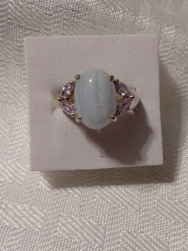 VTG Avon Sterling Silver 925 Oval Blue Lace Agate w/Lavender CZ Ring sz. 6