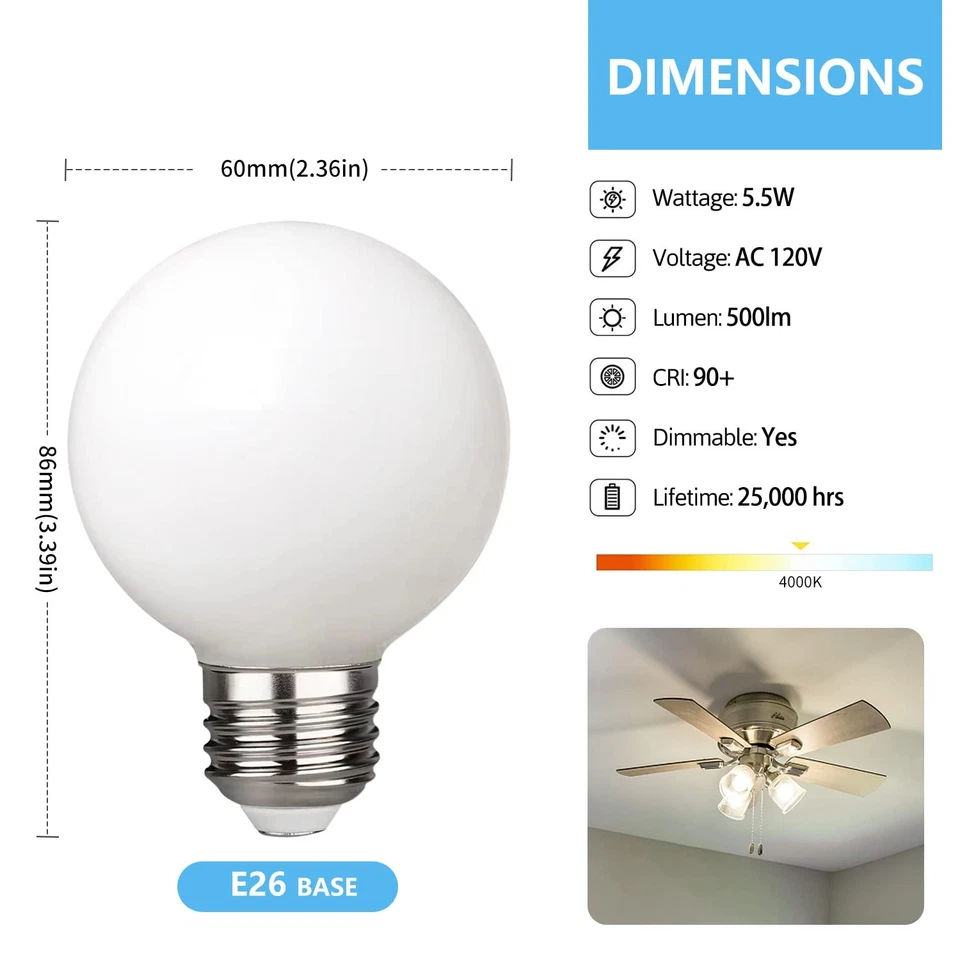 Dimmable G19 Globe Light Bulbs 6 Pack LED Vanity Light 4000K Neutral White fo... - Image 2 of 4