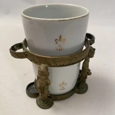 Vintage Porcelain White Toothbrush Holder Cup on Stand FLEUR DE LIS MV-2797