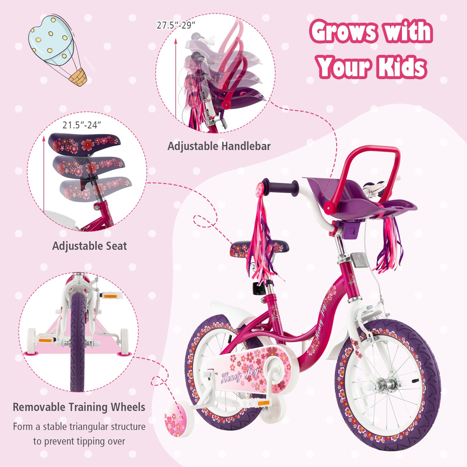 16" Kids Bike w/Doll Seat Girls Bicycle w/Training Wheels for 4-7 Years Old Girl