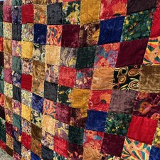 Vintage 70s Velvet Quilt Bedspread Patchwork Hippie Boho Blanket Queen 102 x 120