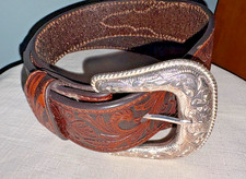 Nocona Mens Tooled Floral Embossed Western Genuine Leather Brown Belt - Size 34