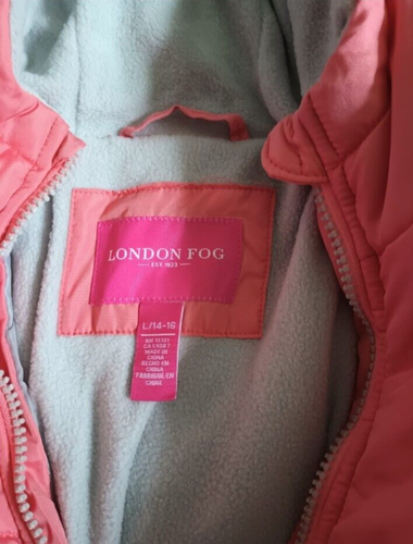 LONDON FOG GIRLS PINK HOODED PUFFER JACKET BEANIE HAT DARK GREY L /14-16 - Picture 7 of 8