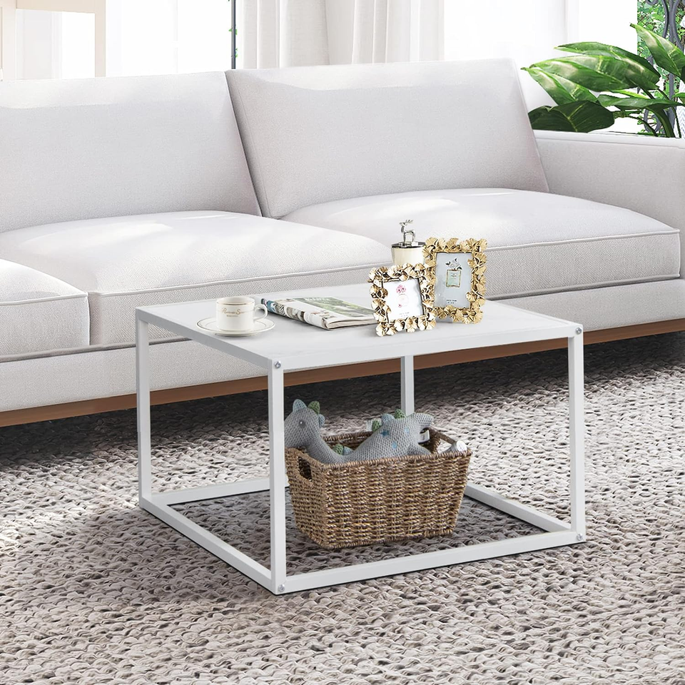 Square Coffee Table, Center Cocktail Table with Faux Marble Tabletop