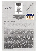 Admiral James Stockdale MOH signed citation  copy &  facsimile POW Vietnam War