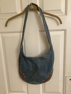 Vintage Carlo D'Santi Denim Purse Crossbody Zip-Close Blue Aztec-Ribbons 15x12