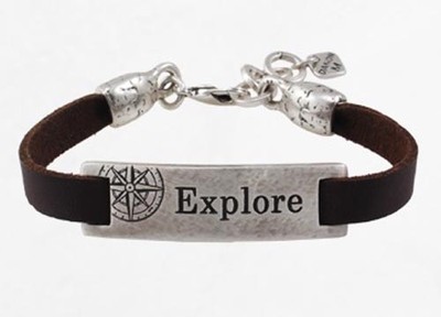 Unique Brown Leather Men Bracelet Silver 925 Plated ''Explore'' Etched 