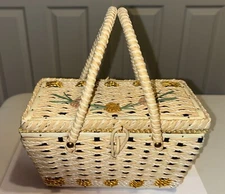 Vintage Woven Wicker Sewing Basket with Satin Interior Made in Japan 5 X 4 X 9