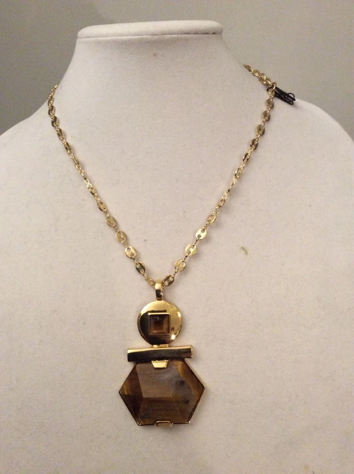 $98 Vince Camuto Ojo de Tigre Geo Piedra Tono Dorado Colgante Collar VC-20 Foto 3 de 4